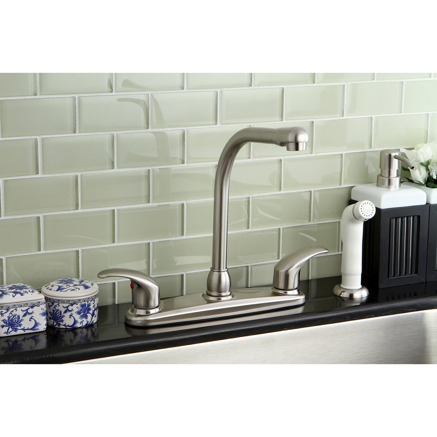 Kingston Tulare KB718LL - Legacy Two-Handle 4-Hole 8" Centerset Kitchen Faucet with Side Sprayer, Brushed Nickel — thumbnail 2